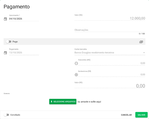 Janela de pagamento de uma parcela a pagar com o bloco Anexos e o botão Selecione arquivos