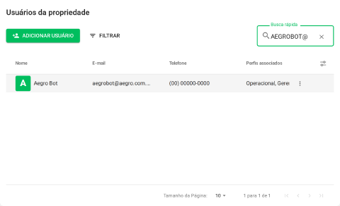 Aba Equipe com um trecho de e-mail na Busca rápida e um usuário encontrado