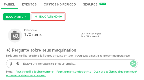 Botão Novo patrimônio no topo do painel da aba Patrimônio