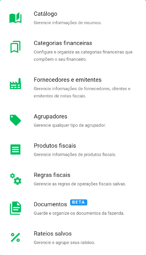 menu Cadastros com o item Regras fiscais