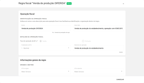 janela de detalhes de uma regra ativa, com os campos em modo de consulta