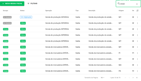 busca rápida com um CFOP digitado e a listagem já filtrada