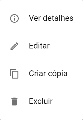 menu de ações da linha com Ver detalhes, Editar, Criar cópia e Excluir