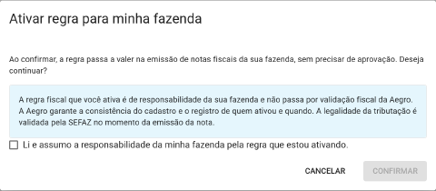 diálogo de ativação com o aceite de responsabilidade