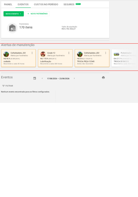 Aba Eventos da tela de patrimônio com a seção Alertas de manutenção