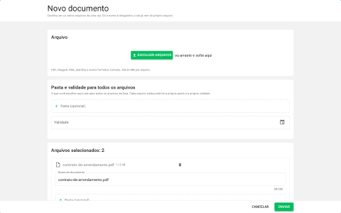 janela Novo documento com dois arquivos escolhidos e o bloco de pasta e validade