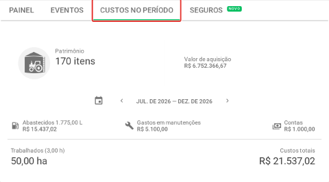 Aba Custos no período com a central de custos dos patrimônios