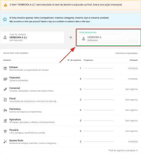 Janela Mesclar item com o item de origem, o item de destino escolhido e a tabela Registros por domínio mostrando 3 domínios impactados