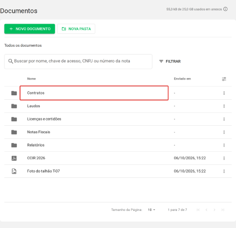 tela Documentos mostrando as pastas no topo e os documentos sem pasta logo abaixo