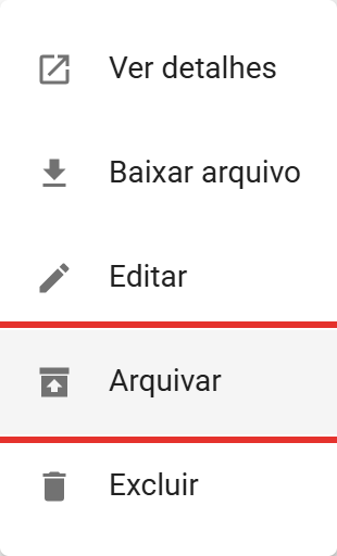menu de ações da linha com a ação Arquivar em destaque
