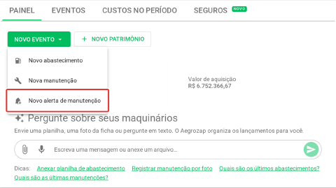 Menu Novo evento aberto com a opção Novo alerta de manutenção em destaque