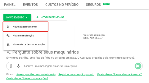 Menu Novo evento aberto com a opção Novo abastecimento em destaque