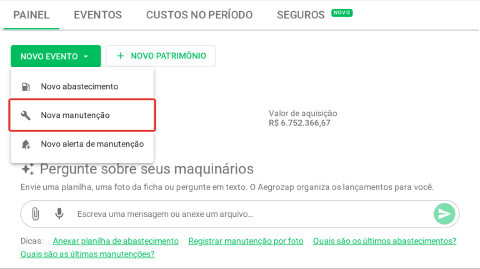 Menu Novo evento aberto com a opção Nova manutenção em destaque