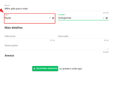 Formulário Novo elemento com a categoria Item, o tipo Ração e a unidade Quilogramas