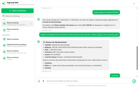 Resumo de um abastecimento aguardando confirmação na janela do assistente