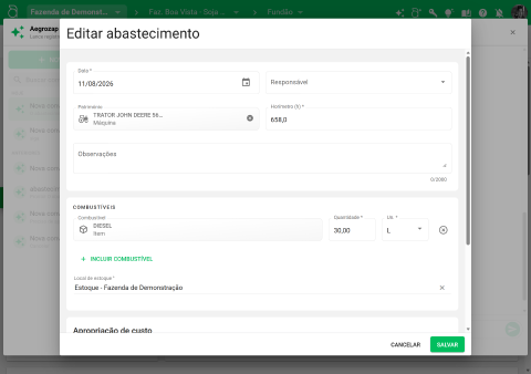 Formulário de edição aberto a partir de um registro salvo na conversa