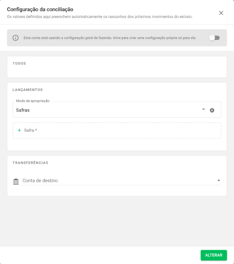 Tela Configuração da conciliação com o aviso de que a conta usa a configuração geral da fazenda, o modo de apropriação em Lançamentos e a conta de destino em Transferências