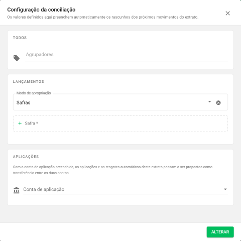 Tela Configuração da conciliação com os blocos Todos, Lançamentos e Aplicações, o modo de apropriação e o campo Conta de aplicação