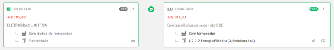 Par pronto para conciliar: à esquerda o movimento do banco, à direita o lançamento do Aegro com o selo Exato e o conector fechado em verde