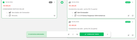 Movimento de R$ 800,00 do banco pareado com um lançamento de R$ 400,00, com o selo Sugerido: o Aegro propõe o par e sinaliza que ainda falta fechar o valor