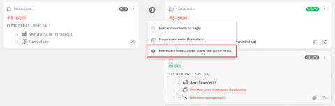 O menu do movimento aberto sobre o card, com as opções Buscar movimento no Aegro, Novo recebimento e, em destaque, Informar diferença como acréscimo (juros/multa)