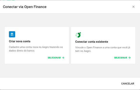 Diálogo Conectar via Open Finance com as opções Criar nova conta e Conectar conta existente