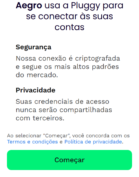 Tela do provedor de conexão explicando segurança e privacidade, com o botão Começar