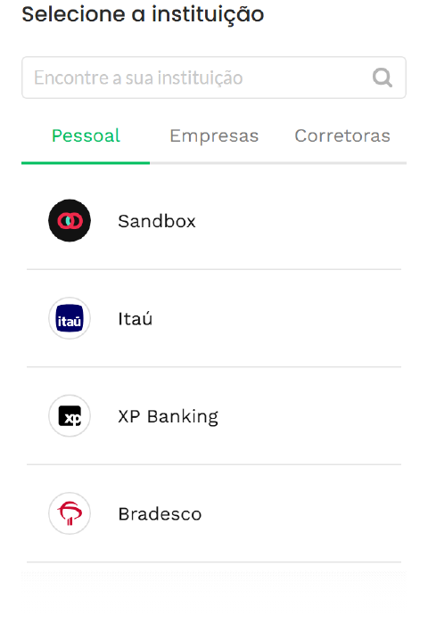 Lista de instituições financeiras disponíveis para conexão, com campo de busca