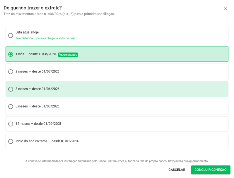 Diálogo De quando trazer o extrato com as sete opções de período e a opção 1 mês marcada como recomendada