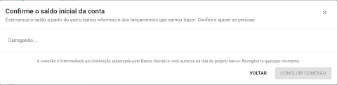 Diálogo Confirme o saldo inicial da conta mostrando saldo no banco, movimentações consideradas e saldo estimado