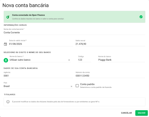 Cadastro de nova conta bancária preenchido com os dados trazidos do banco, com o aviso Conta conectada via Open Finance