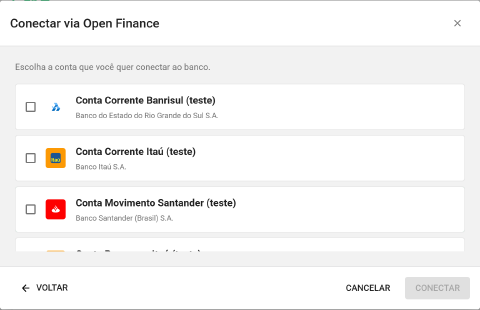 Lista das contas bancárias do Aegro ainda não conectadas, para escolher qual conectar ao banco