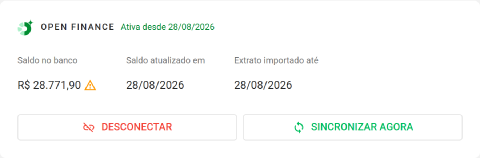 Bloco Open Finance nos detalhes da conta com saldo no banco, datas de atualização e os botões Desconectar e Sincronizar agora