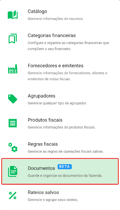 menu Cadastros com o item Documentos em destaque