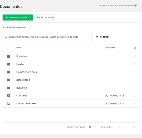 tela Documentos com as pastas no topo e os documentos logo abaixo