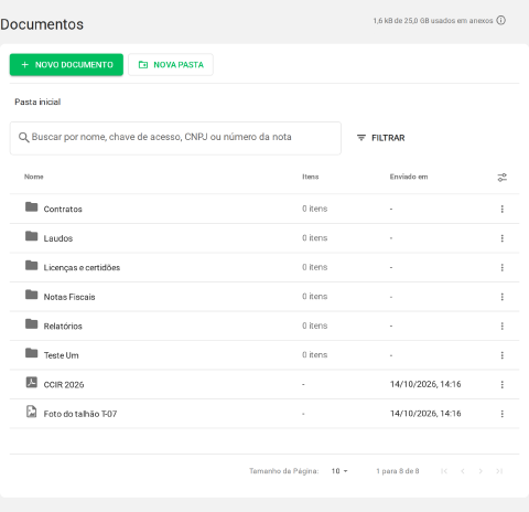 tela Documentos com as pastas no topo e os documentos logo abaixo