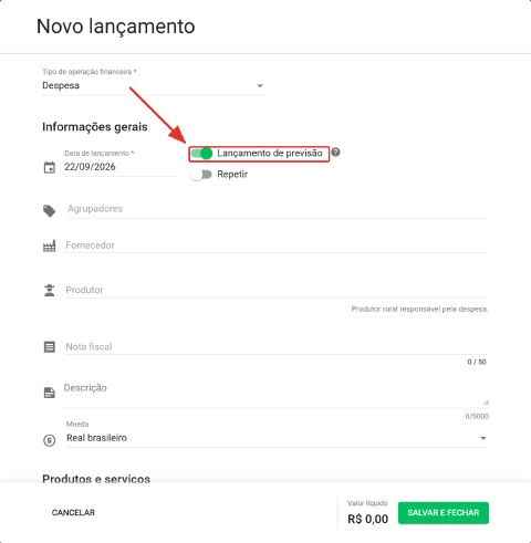 Formulário Novo lançamento com o switch Lançamento de previsão ligado, ao lado do campo Data de lançamento e acima do Repetir