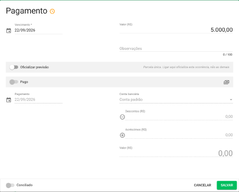 Tela Pagamento de uma parcela prevista, com o relógio ao lado do título, o campo Valor aberto e o switch Oficializar previsão desligado