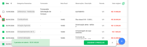 Aba A Pagar com a coluna de seleção no início da linha e cinco parcelas marcadas