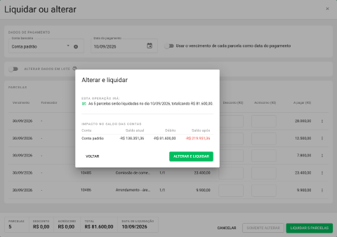 Diálogo Alterar e liquidar com o resumo da operação e a tabela de impacto no saldo das contas