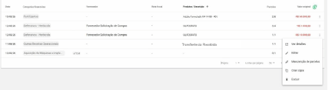 Menu de ações de um lançamento na aba Contas, com a opção Manutenção de parcelas