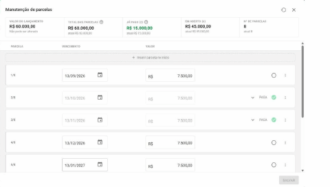 Tela Manutenção de parcelas com o resumo do lançamento e a lista de parcelas, duas delas marcadas como pagas