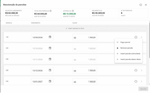 Menu de ações de uma parcela com as opções Pagar parcial, Remover parcela, Inserir parcela acima desta e Inserir parcela abaixo desta