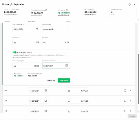 Formulário de pagamento parcial com os campos Valor a pagar agora e Vencimento do restante e a prévia da divisão