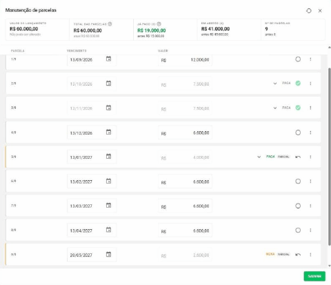 Lista de parcelas após confirmar o pagamento parcial, com a parcela 5/9 marcada como PAGA e PARCIAL e a 9/9 como NOVA e PARCIAL