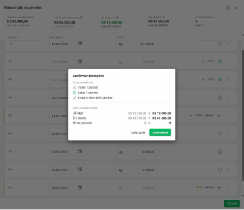 Painel Confirmar alterações com a lista do que a operação vai fazer e o comparativo dos totais