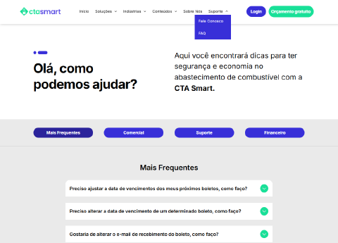 Tela de suporte e Fale conosco no CTA Smart