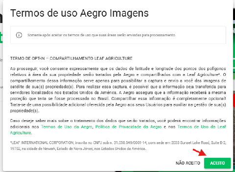 Tela de aceite dos Termos de Uso do Aegro Imagens