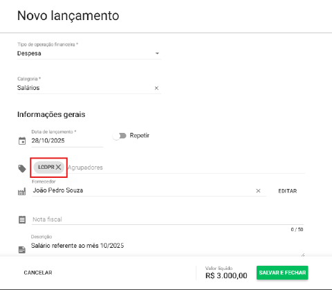 Criação do agrupador LCDPR no lançamento financeiro do Aegro