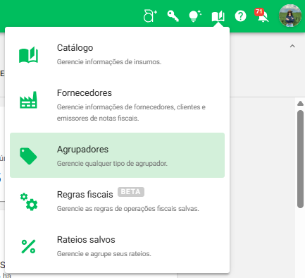 Ícone de livro para acessar o menu de agrupadores no canto superior direito